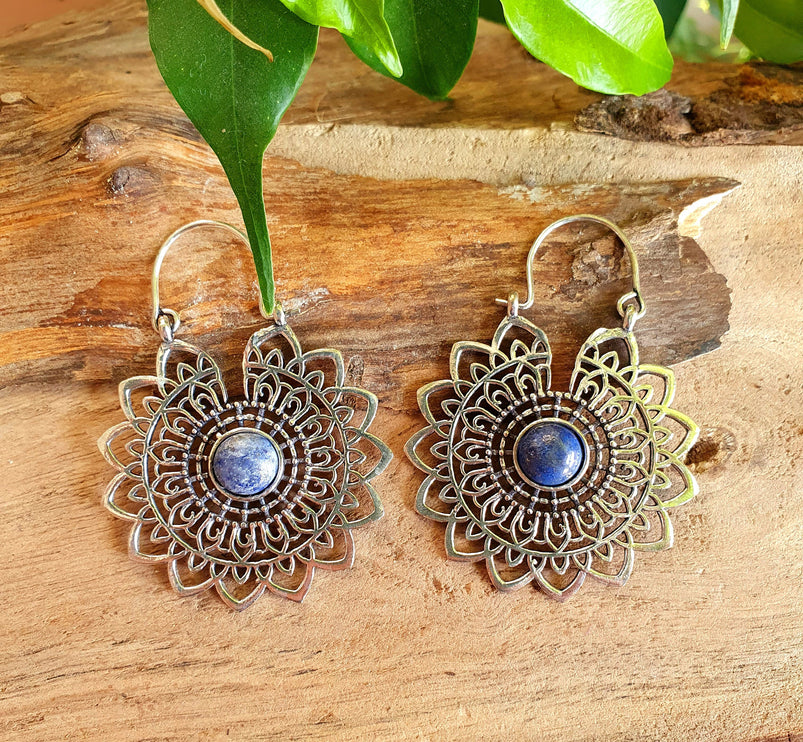 Silver Mandala Flower Earrings Lapis Lazuli ; Ethnic, Geometric, rustic, yoga, hippie, gypsy, pretty, boho, bohemian, festival