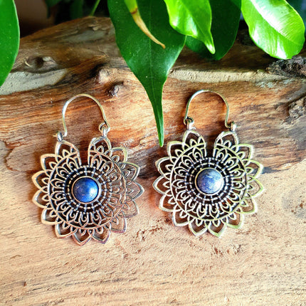 Silver Mandala Flower Earrings Lapis Lazuli ; Ethnic, Geometric, rustic, yoga, hippie, gypsy, pretty, boho, bohemian, festival