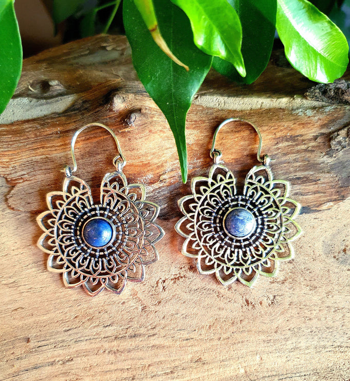 Silver Mandala Flower Earrings Lapis Lazuli ; Ethnic, Geometric, rustic, yoga, hippie, gypsy, pretty, boho, bohemian, festival