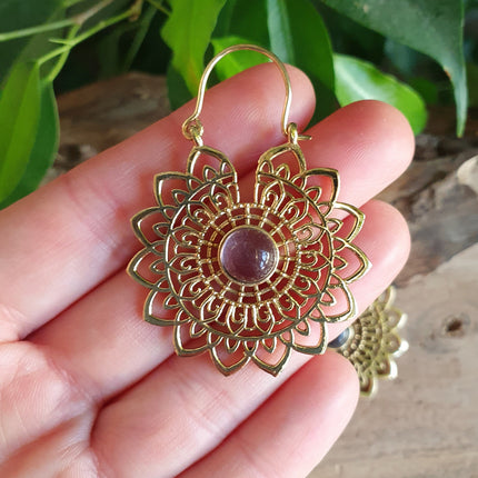 Golden Mandala Flower Amethyst Earrings ; Ethnic, Geometric, rustic, yoga, hippie, gypsy, pretty, boho, bohemian, festival