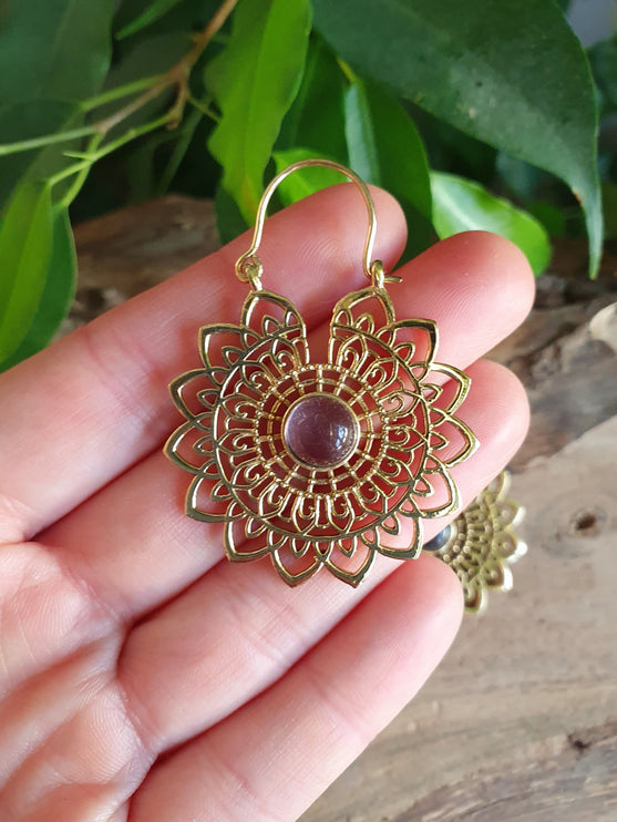 Golden Mandala Flower Amethyst Earrings ; Ethnic, Geometric, rustic, yoga, hippie, gypsy, pretty, boho, bohemian, festival