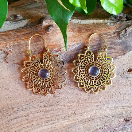 Golden Mandala Flower Amethyst Earrings ; Ethnic, Geometric, rustic, yoga, hippie, gypsy, pretty, boho, bohemian, festival