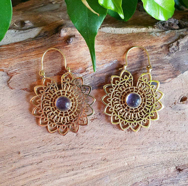 Golden Mandala Flower Amethyst Earrings ; Ethnic, Geometric, rustic, yoga, hippie, gypsy, pretty, boho, bohemian, festival