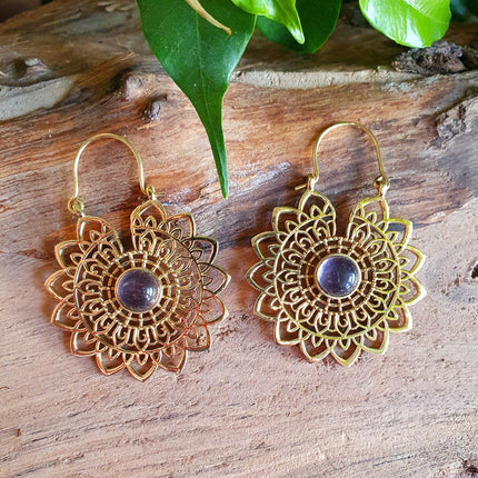 Golden Mandala Flower Amethyst Earrings ; Ethnic, Geometric, rustic, yoga, hippie, gypsy, pretty, boho, bohemian, festival