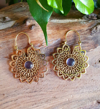 Golden Mandala Flower Amethyst Earrings ; Ethnic, Geometric, rustic, yoga, hippie, gypsy, pretty, boho, bohemian, festival