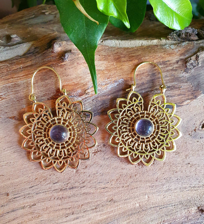 Golden Mandala Flower Amethyst Earrings ; Ethnic, Geometric, rustic, yoga, hippie, gypsy, pretty, boho, bohemian, festival