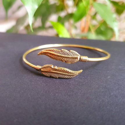 Golden Feather Bracelet / Bangle / Brass / Nature / Birds / Garden / Ethnic / Rustic / Bohemian / Hippie / Gypsy / Jewellery / Adjustable