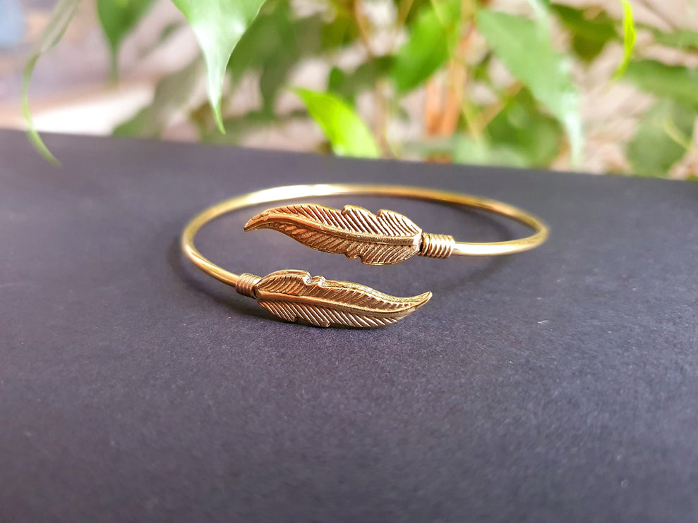 Golden Feather Bracelet / Bangle / Brass / Nature / Birds / Garden / Ethnic / Rustic / Bohemian / Hippie / Gypsy / Jewellery / Adjustable