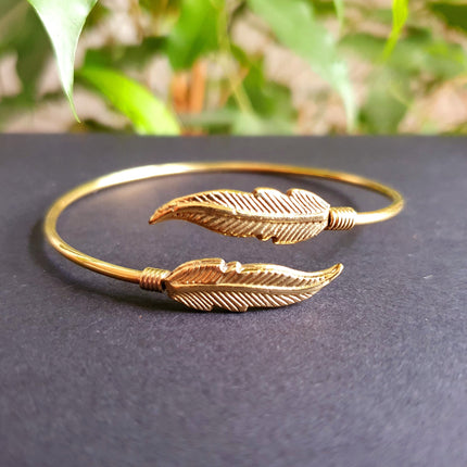 Golden Feather Bracelet / Bangle / Brass / Nature / Birds / Garden / Ethnic / Rustic / Bohemian / Hippie / Gypsy / Jewellery / Adjustable