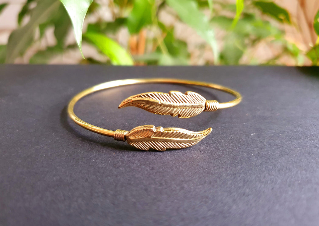 Golden Feather Bracelet / Bangle / Brass / Nature / Birds / Garden / Ethnic / Rustic / Bohemian / Hippie / Gypsy / Jewellery / Adjustable