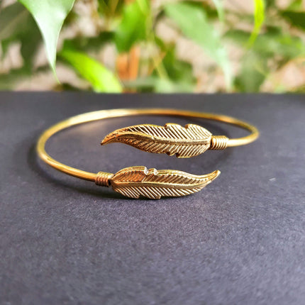 Golden Feather Bracelet / Bangle / Brass / Nature / Birds / Garden / Ethnic / Rustic / Bohemian / Hippie / Gypsy / Jewellery / Adjustable