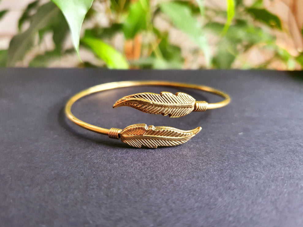 Golden Feather Bracelet / Bangle / Brass / Nature / Birds / Garden / Ethnic / Rustic / Bohemian / Hippie / Gypsy / Jewellery / Adjustable