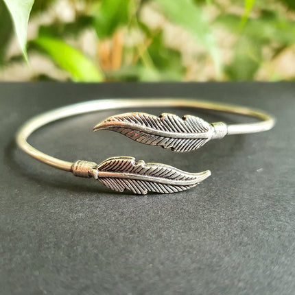 Silver Feather Bracelet / Bangle / Brass / Nature / Birds / Garden / Ethnic / Rustic / Bohemian / Hippie / Gypsy / Jewellery / Adjustable