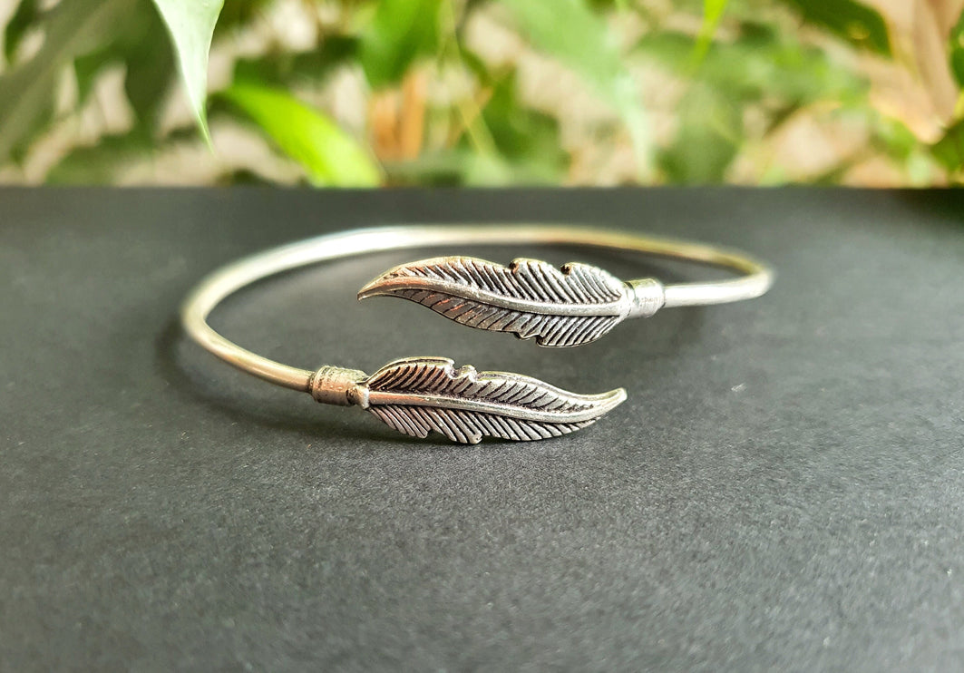 Silver Feather Bracelet / Bangle / Brass / Nature / Birds / Garden / Ethnic / Rustic / Bohemian / Hippie / Gypsy / Jewellery / Adjustable