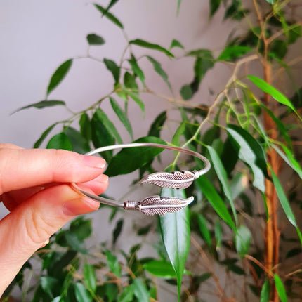 Silver Feather Bracelet / Bangle / Brass / Nature / Birds / Garden / Ethnic / Rustic / Bohemian / Hippie / Gypsy / Jewellery / Adjustable