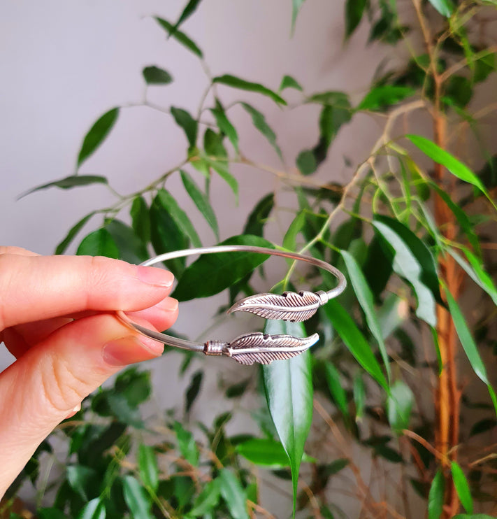 Silver Feather Bracelet / Bangle / Brass / Nature / Birds / Garden / Ethnic / Rustic / Bohemian / Hippie / Gypsy / Jewellery / Adjustable