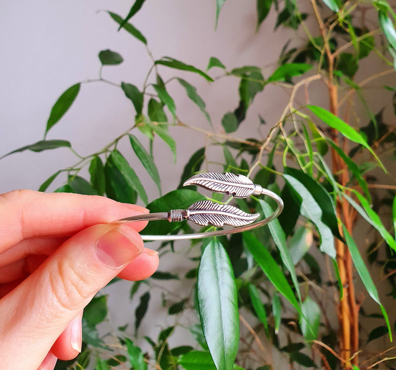 Silver Feather Bracelet / Bangle / Brass / Nature / Birds / Garden / Ethnic / Rustic / Bohemian / Hippie / Gypsy / Jewellery / Adjustable