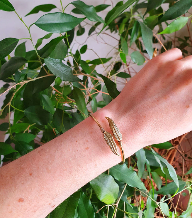 Silver Feather Bracelet / Bangle / Brass / Nature / Birds / Garden / Ethnic / Rustic / Bohemian / Hippie / Gypsy / Jewellery / Adjustable