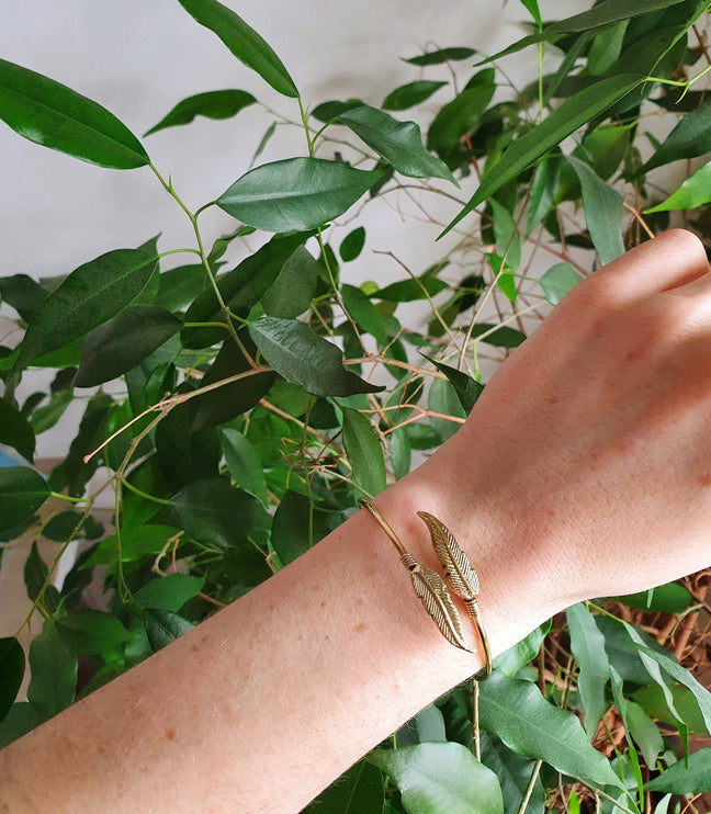 Silver Feather Bracelet / Bangle / Brass / Nature / Birds / Garden / Ethnic / Rustic / Bohemian / Hippie / Gypsy / Jewellery / Adjustable