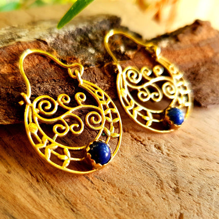 Small Boho Earrings Lapis Lazuli Brass Earrings / Triangle / Mandala / Ethnic / Rustic / Yoga / Hippie / Gypsy / Psy / Bohemian / Festival