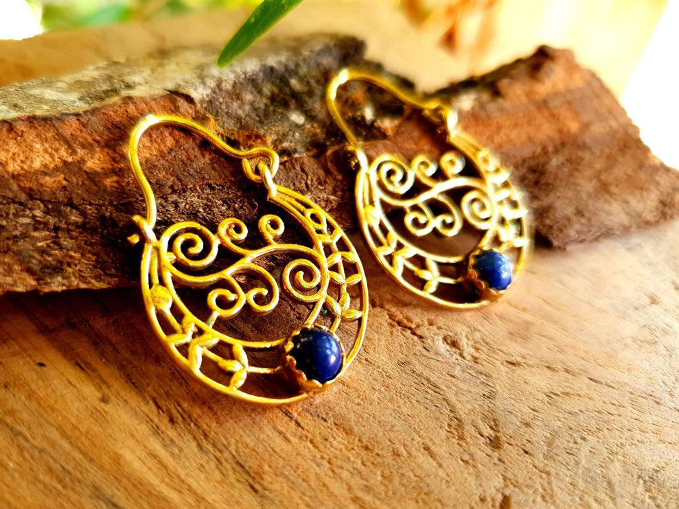 Small Boho Earrings Lapis Lazuli Brass Earrings / Triangle / Mandala / Ethnic / Rustic / Yoga / Hippie / Gypsy / Psy / Bohemian / Festival