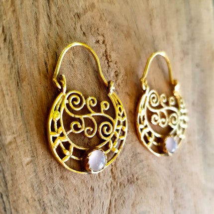 Mini Boho Hoops Rose Quartz Brass Earrings / Triangle / Mandala / Ethnic / Rustic / Yoga / Hippie / Gypsy / Psy / Bohemian / Festival
