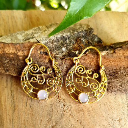 Mini Boho Hoops Rose Quartz Brass Earrings / Triangle / Mandala / Ethnic / Rustic / Yoga / Hippie / Gypsy / Psy / Bohemian / Festival