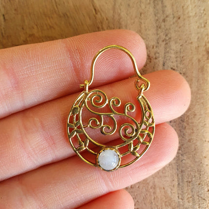 Boho Hoops Moonstone Earrings / Brass / Mandala / Ethnic / Rustic / Yoga / Hippie / Gypsy / Psy / Bohemian / Festival