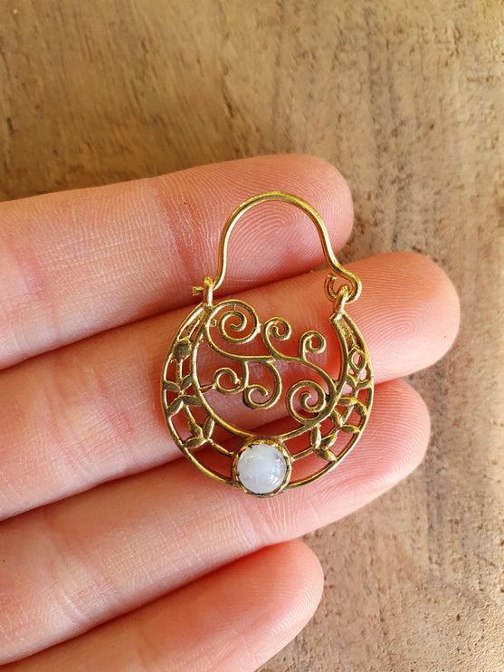 Boho Hoops Moonstone Earrings / Brass / Mandala / Ethnic / Rustic / Yoga / Hippie / Gypsy / Psy / Bohemian / Festival