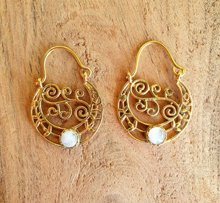 Boho Hoops Moonstone Earrings / Brass / Mandala / Ethnic / Rustic / Yoga / Hippie / Gypsy / Psy / Bohemian / Festival