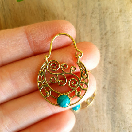 Mini Boho Hoops Turquoise Brass Earrings / Triangle / Mandala / Ethnic / Rustic / Yoga / Hippie / Gypsy / Psy / Bohemian / Festival