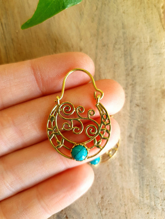 Mini Boho Hoops Turquoise Brass Earrings / Triangle / Mandala / Ethnic / Rustic / Yoga / Hippie / Gypsy / Psy / Bohemian / Festival