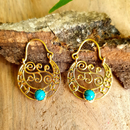 Mini Boho Hoops Turquoise Brass Earrings / Triangle / Mandala / Ethnic / Rustic / Yoga / Hippie / Gypsy / Psy / Bohemian / Festival