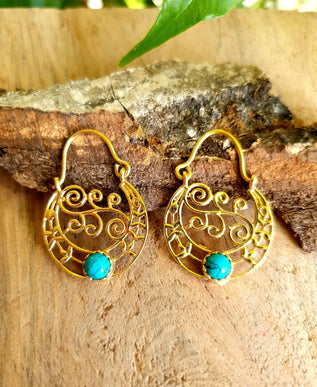 Mini Boho Hoops Turquoise Brass Earrings / Triangle / Mandala / Ethnic / Rustic / Yoga / Hippie / Gypsy / Psy / Bohemian / Festival