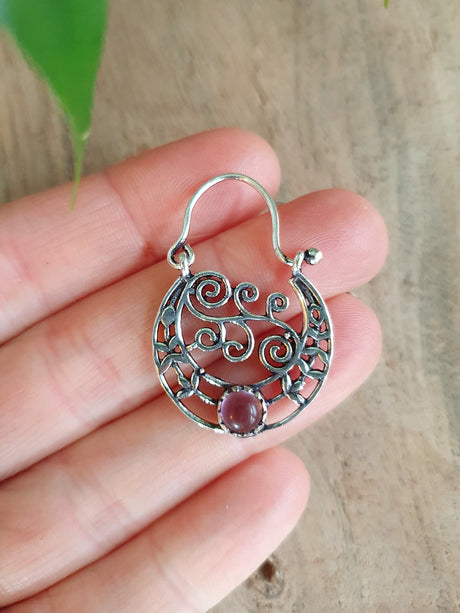 Amethyst Boho Silver Earrings / Mandala / Ethnic / Rustic / Yoga / Hippie / Gypsy / Psy / Bohemian / Festival