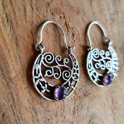 Amethyst Boho Silver Earrings / Mandala / Ethnic / Rustic / Yoga / Hippie / Gypsy / Psy / Bohemian / Festival