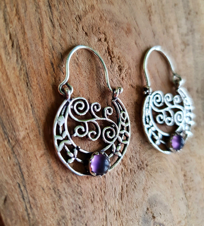 Amethyst Boho Silver Earrings / Mandala / Ethnic / Rustic / Yoga / Hippie / Gypsy / Psy / Bohemian / Festival