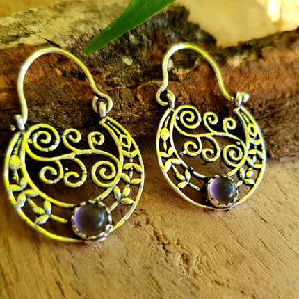 Amethyst Boho Silver Earrings / Mandala / Ethnic / Rustic / Yoga / Hippie / Gypsy / Psy / Bohemian / Festival