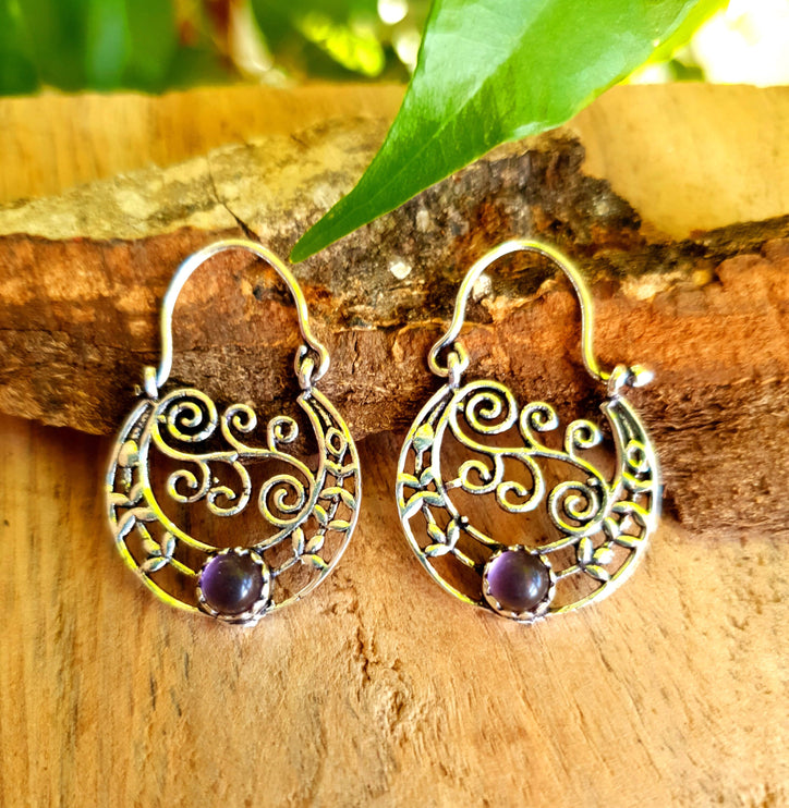 Amethyst Boho Silver Earrings / Mandala / Ethnic / Rustic / Yoga / Hippie / Gypsy / Psy / Bohemian / Festival