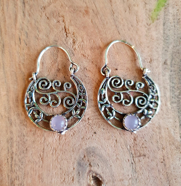 Rose Quartz Boho Hoops Silver Earrings / Mandala / Ethnic / Rustic / Yoga / Hippie / Gypsy / Psy / Festival