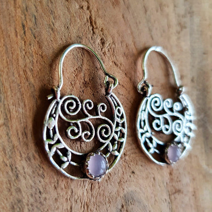 Rose Quartz Boho Hoops Silver Earrings / Mandala / Ethnic / Rustic / Yoga / Hippie / Gypsy / Psy / Festival