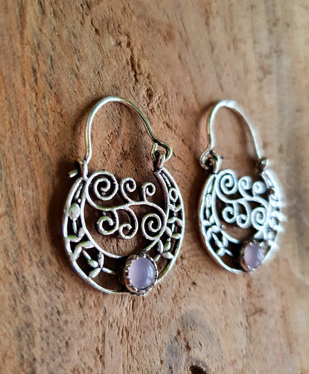 Rose Quartz Boho Hoops Silver Earrings / Mandala / Ethnic / Rustic / Yoga / Hippie / Gypsy / Psy / Festival