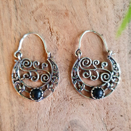 Small Boho Silver Earrings Black Onyx / Triangle / Mandala / Ethnic / Rustic / Yoga / Hippie / Gypsy / Psy / Bohemian / Festival