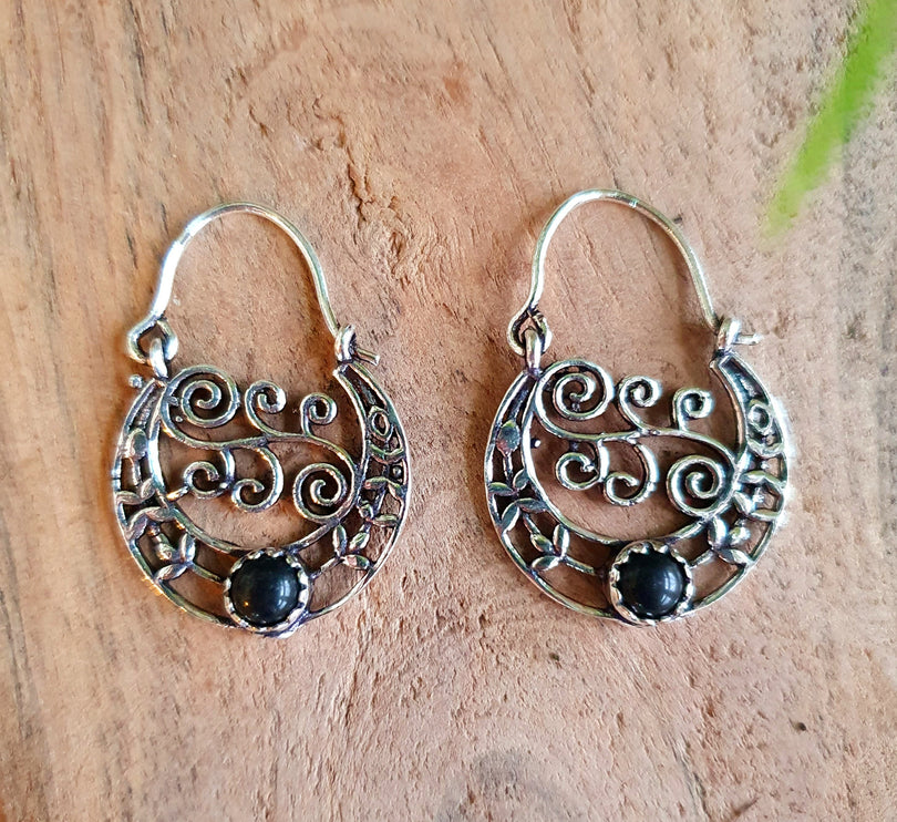 Small Boho Silver Earrings Black Onyx / Triangle / Mandala / Ethnic / Rustic / Yoga / Hippie / Gypsy / Psy / Bohemian / Festival