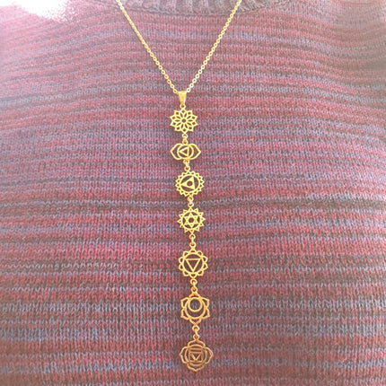 Gold Seven 7 Chakras Necklace / Hypoallergenic / Brass / Yoga / Reiki / Boho / Hippie / Rustic / Ethnic / Crystals / Third Eye / Illuminati