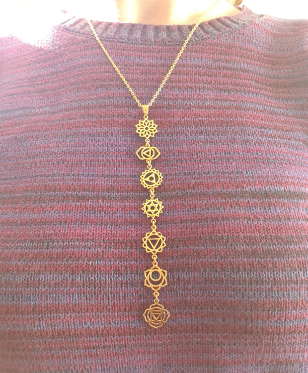 Gold Seven 7 Chakras Necklace / Hypoallergenic / Brass / Yoga / Reiki / Boho / Hippie / Rustic / Ethnic / Crystals / Third Eye / Illuminati