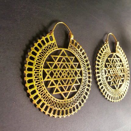 Sri Yantra Extra Large Earrings; Brass Ear Weights Boho Ethnic Rustic Indian Festival Psy Gypsy Spiral Hippie style
