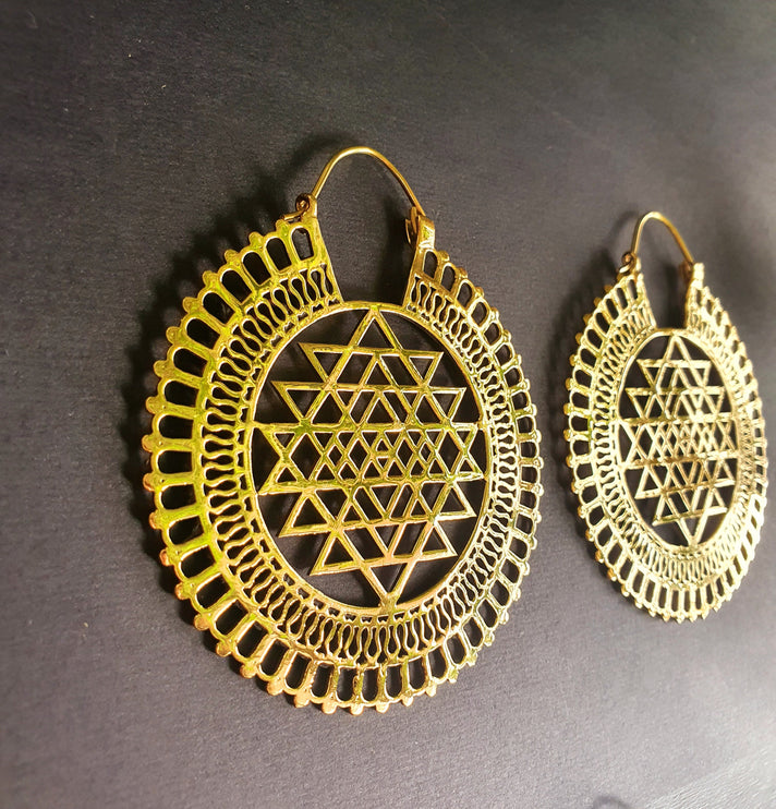 Sri Yantra Extra Large Earrings; Brass Ear Weights Boho Ethnic Rustic Indian Festival Psy Gypsy Spiral Hippie style