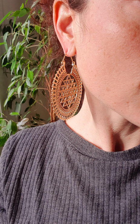 Sri Yantra Extra Large Silver Earrings; Brass Ear Weights Boho Ethnic Rustic Indian Festival Psy Gypsy Spiral Hippie style