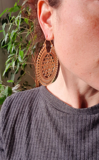 Sri Yantra Extra Large Earrings; Brass Ear Weights Boho Ethnic Rustic Indian Festival Psy Gypsy Spiral Hippie style